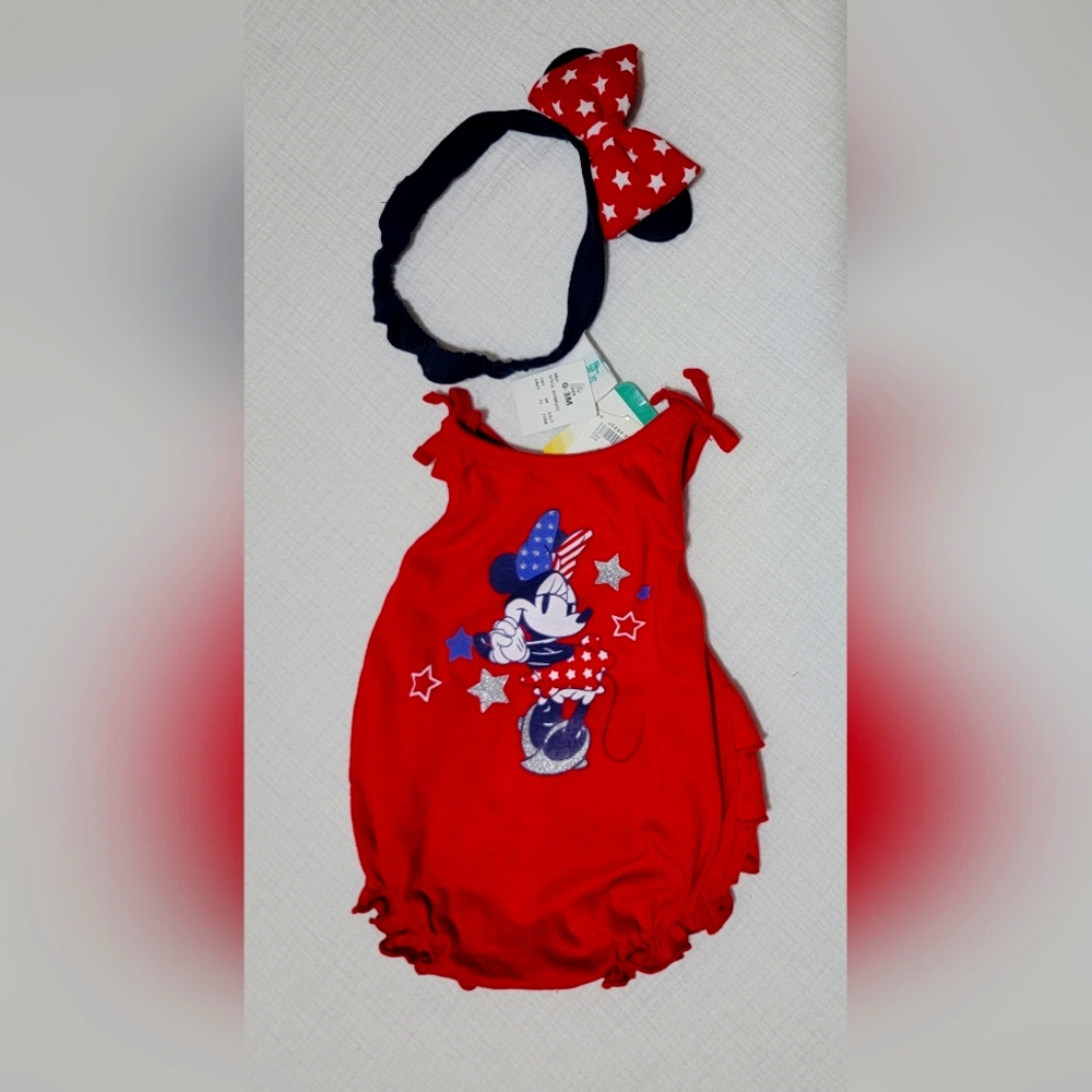 Disney Baby Girl "American Darling" Minnie Mouse Red Short Romper w/Ears 0-3M